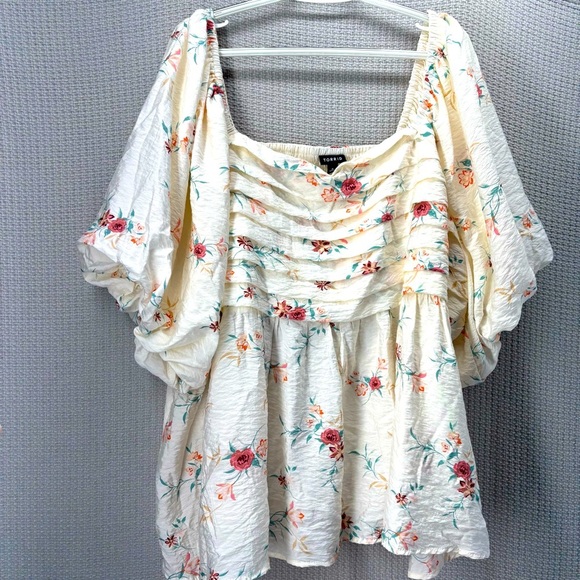Torrid Womens Shirt Blouse 4X Floral Sheer Ruched Sleeves Boho Flowy Summer - Picture 1 of 9